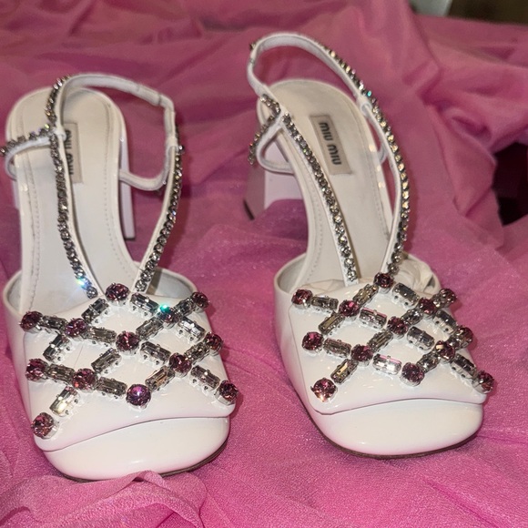 Miu Miu Pink and White Embellished Heels - Picture 1 of 6